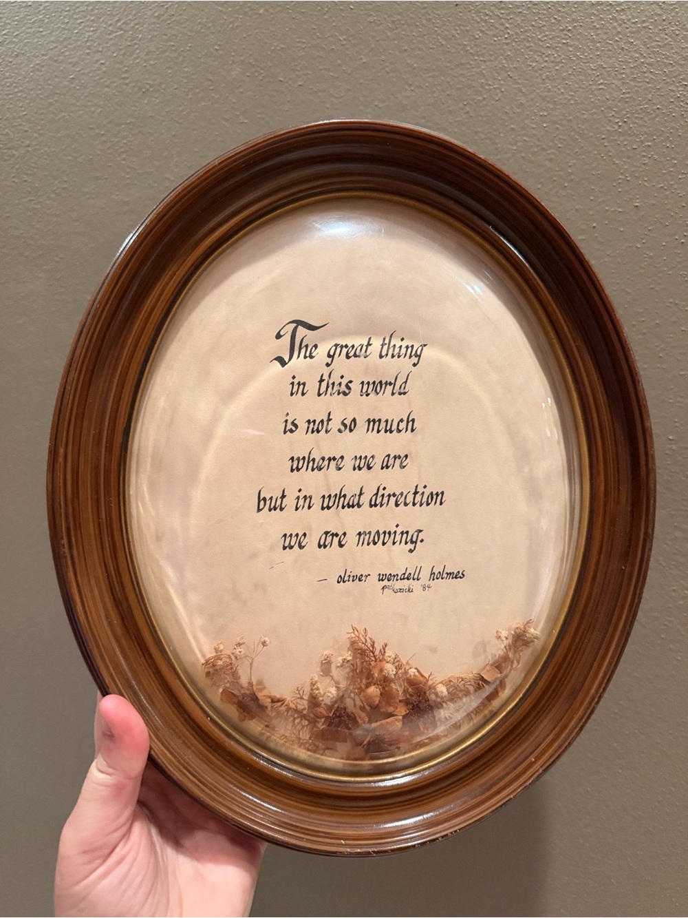 Vtg Framed Oval Quote Plaque with Dried Floral Accents